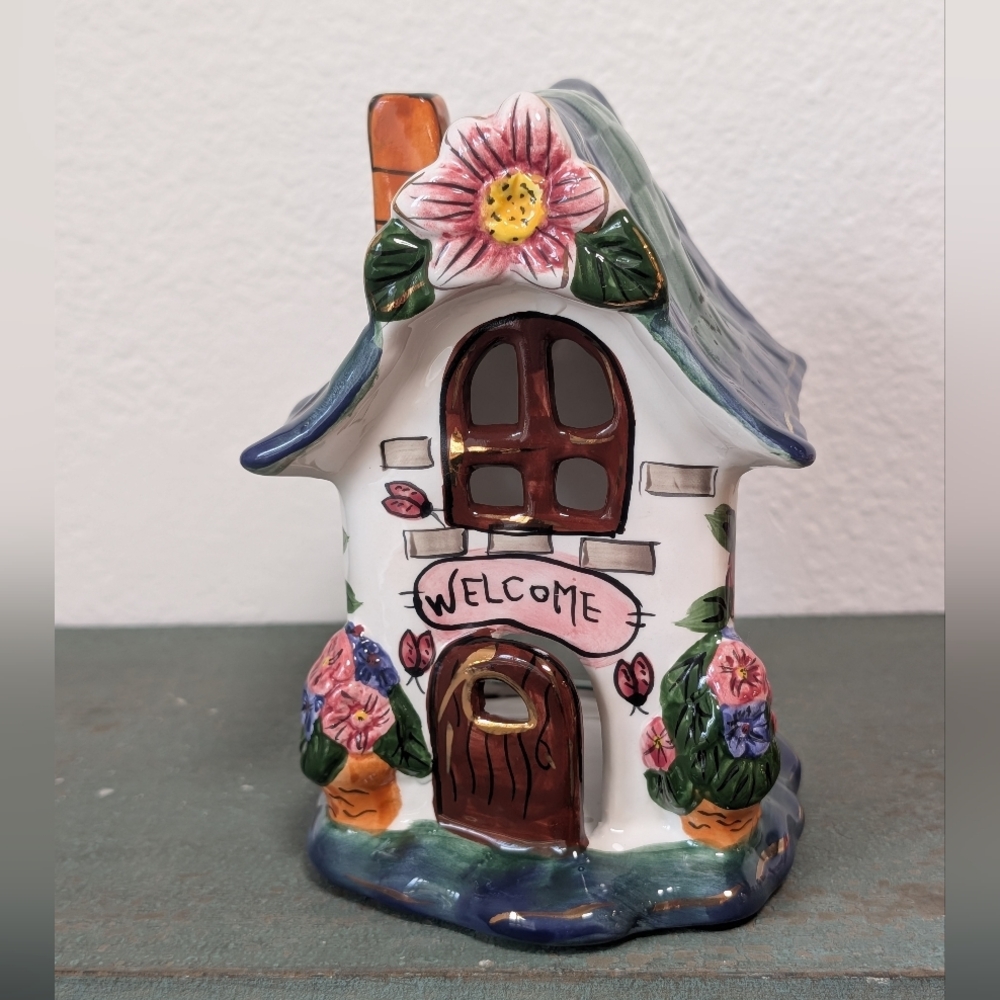 Cottage Cozy's Country "Welcome" House Tea Light Holder Ceramic Green Blue